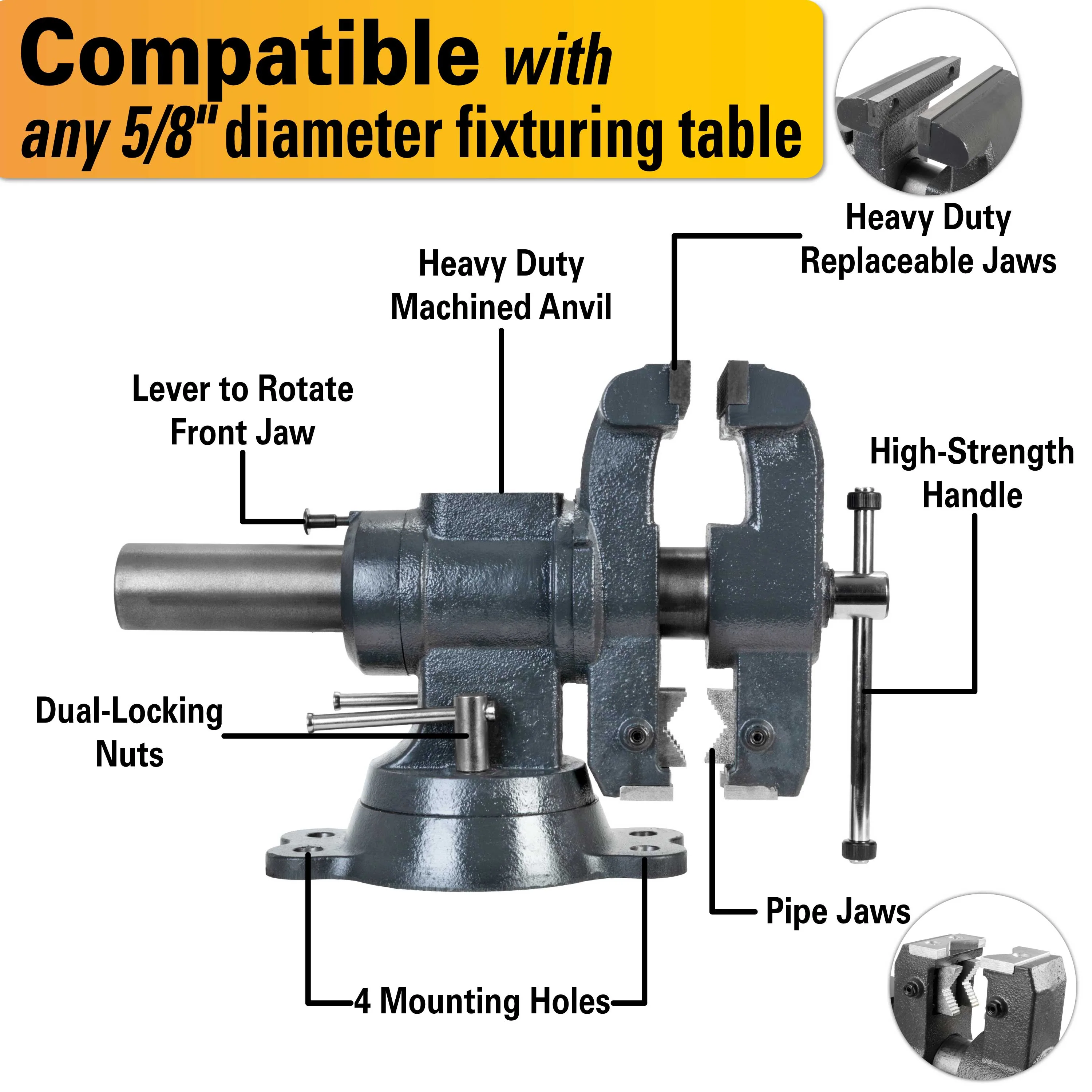 Vise with 360° Rotating Jaw & Base, 5/8" Mounting - Image 4